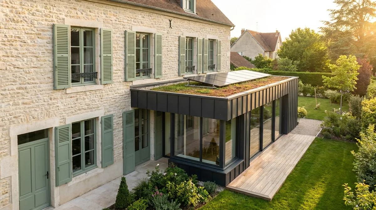 energy efficient modern extension on a classic house in Dijon with green shutters and limestone walls