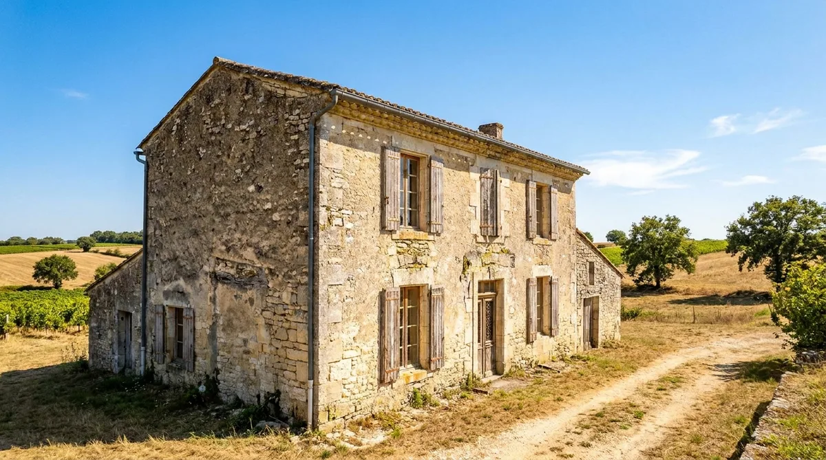 traditional Charentaise stone house in rural Charente landscape under a sunny summer sky, showing old wooden windows and limestone walls needing renovation