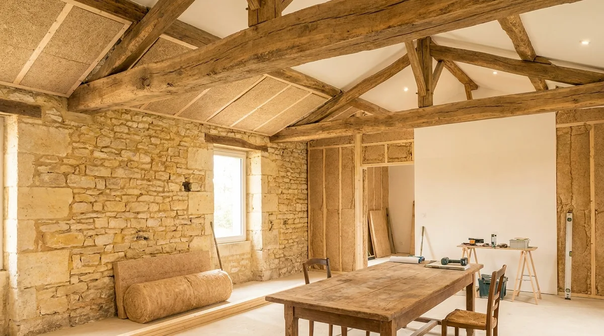 interior of a traditional Charente house with exposed limestone walls and oak beams during ecological insulation works with wood wool