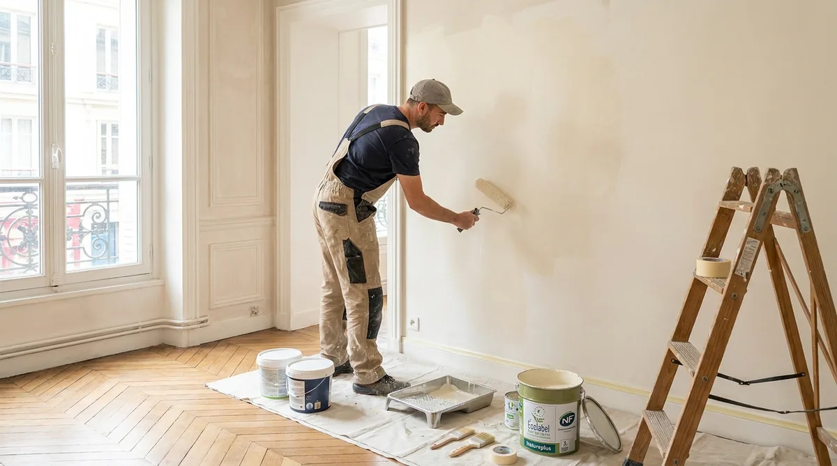 Peintre appliquant une peinture biosourcée au rouleau sur le mur d'un salon lumineux