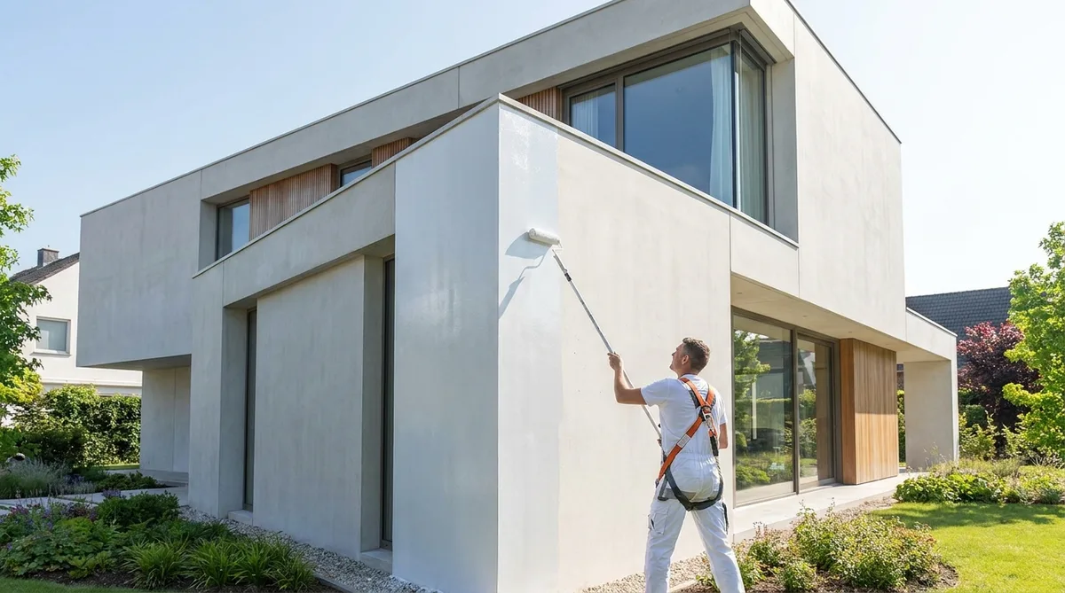 Painter applying thermoregulating white paint on a modern house facade during a sunny day