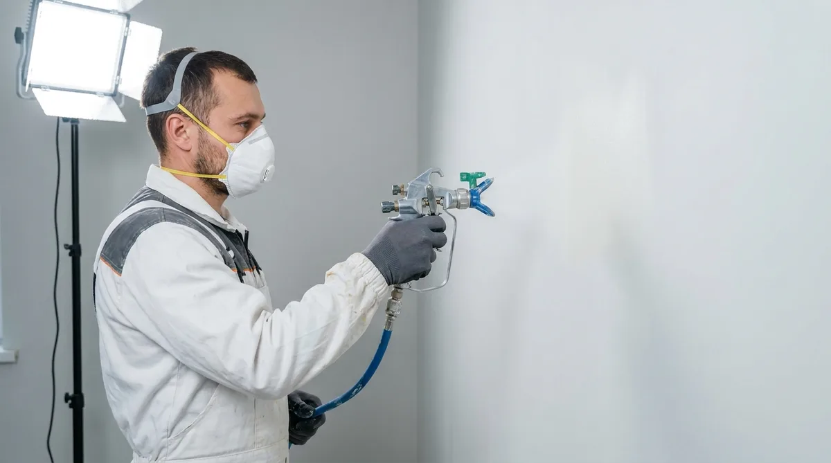 Close up of a professional painter using an airless sprayer to apply thermal coating on an interior wall