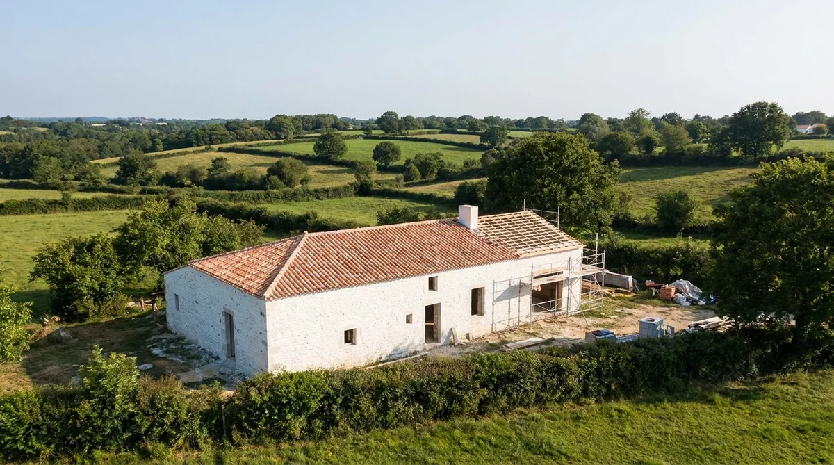 traditional vendéenne house under construction with white walls and terracotta roof tiles in the bocage landscape