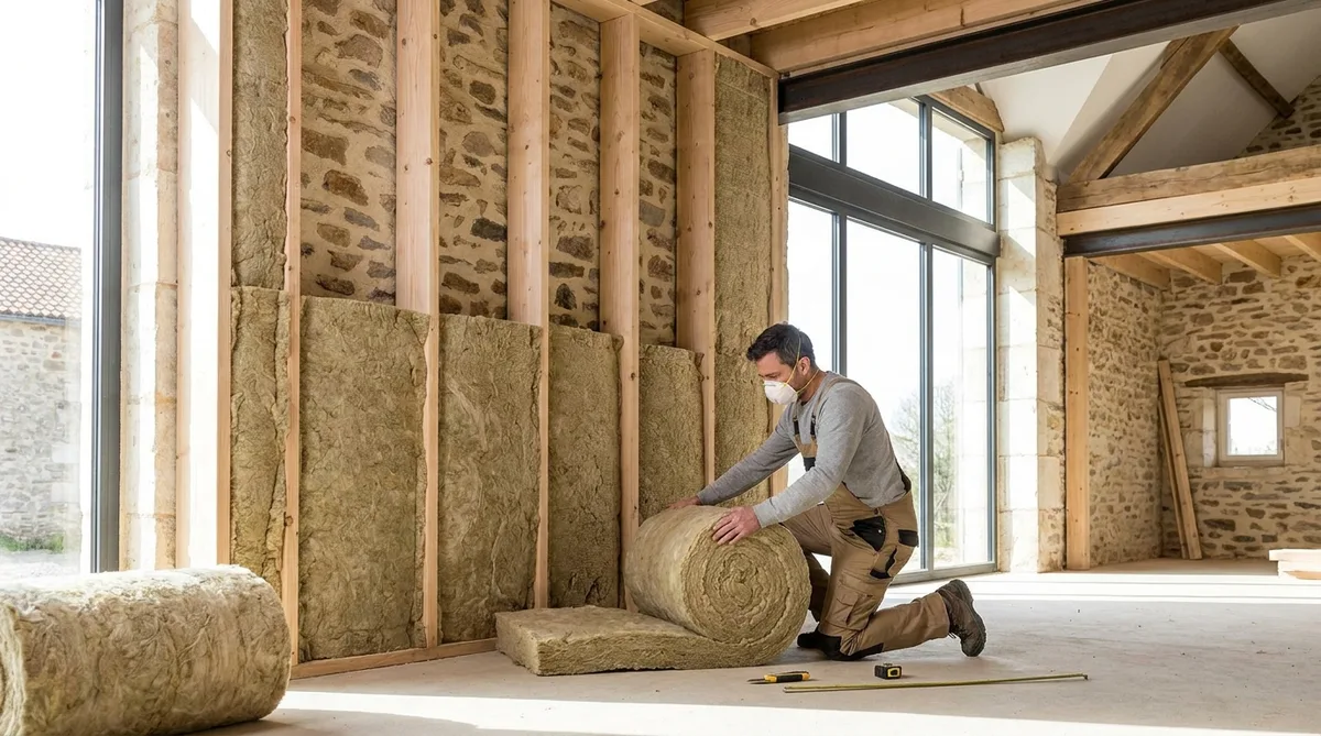 craftsman installing insulation in a bright renovated stone barn in Pays de la Loire