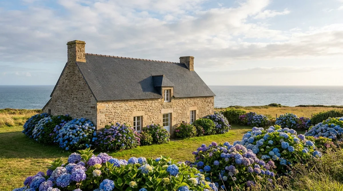 traditional breton stone house in Cotes d'Armor near the sea with slate roof and hydrangea