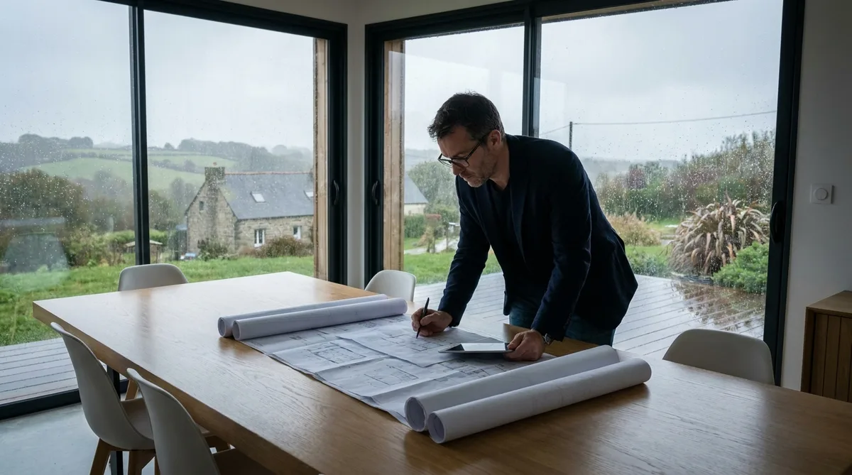 architect reviewing blueprints on a wooden table with a view of a rainy Brittany landscape through the window