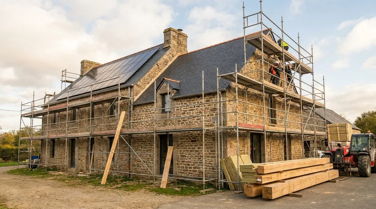 traditional stone house in Ille-et-Vilaine Brittany undergoing eco-friendly renovation with slate roof and modern scaffolding