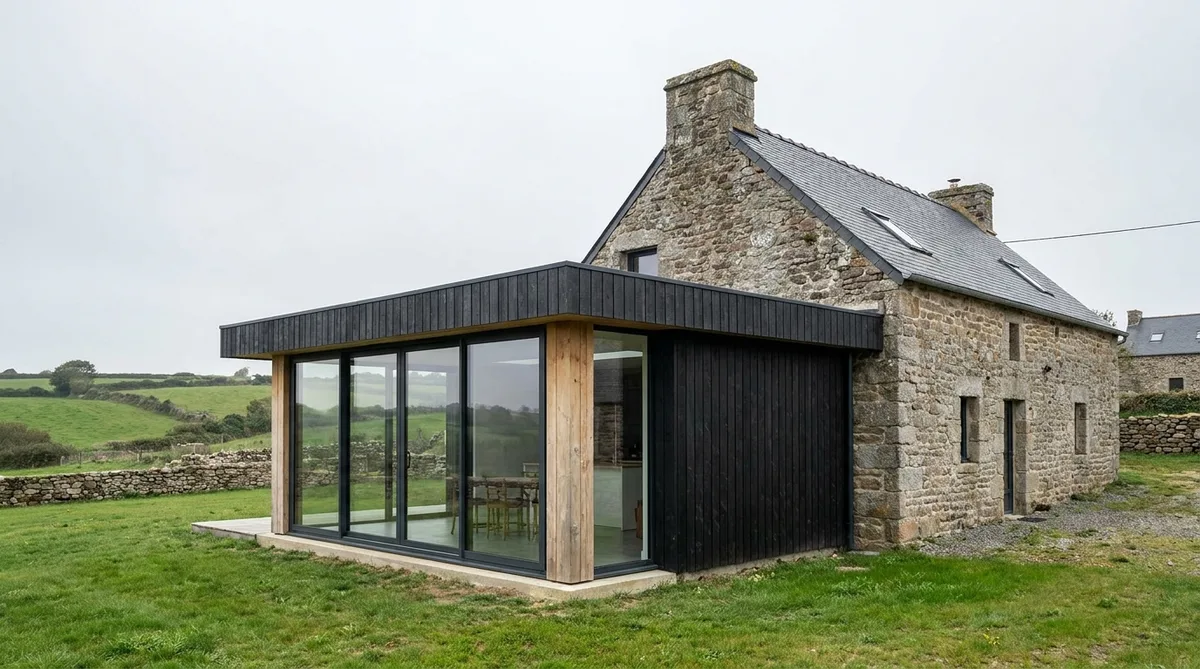 modern timber frame extension attached to an old granite breton farmhouse under a cloudy sky in Brittany