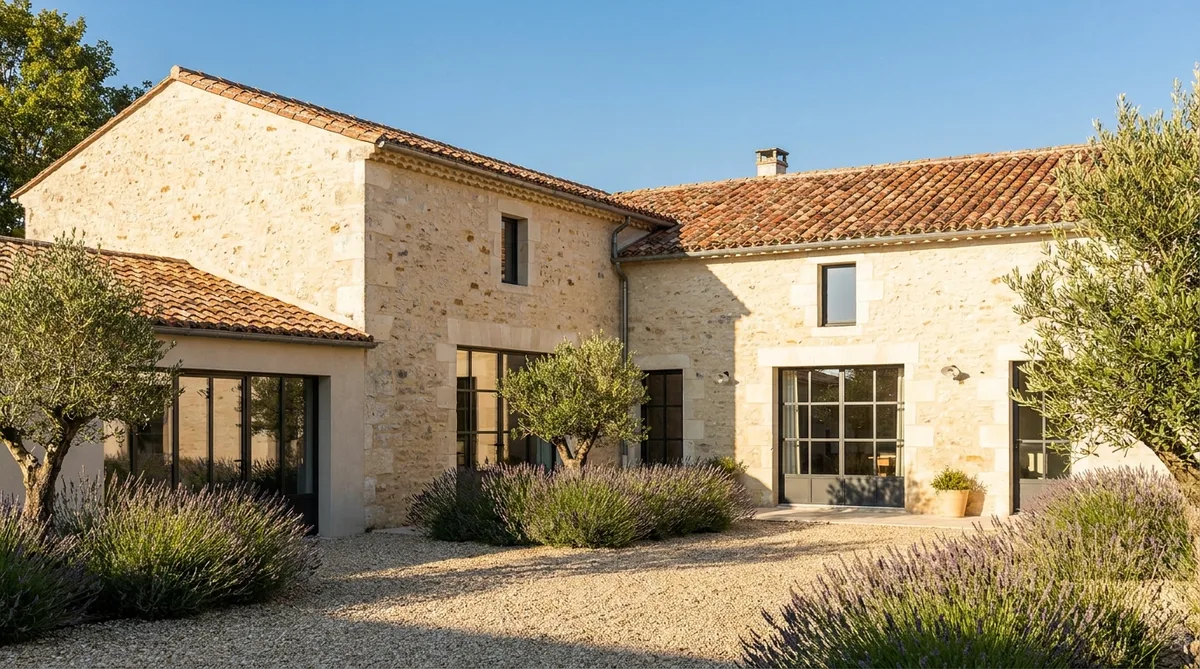 traditional charente stone house renovation with roman tiles under sunny sky