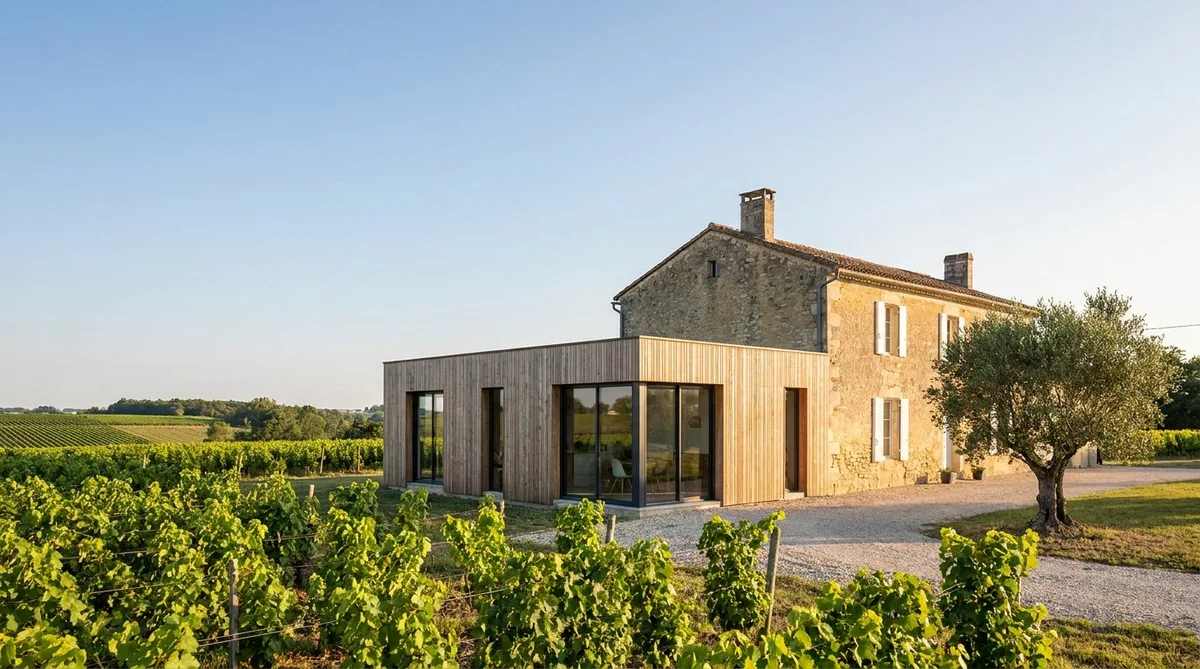 modern wooden extension on an old stone house in the charente vineyards