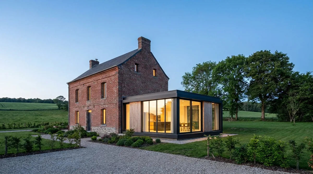 Traditional red brick house extension in the Nord region of France with modern large windows