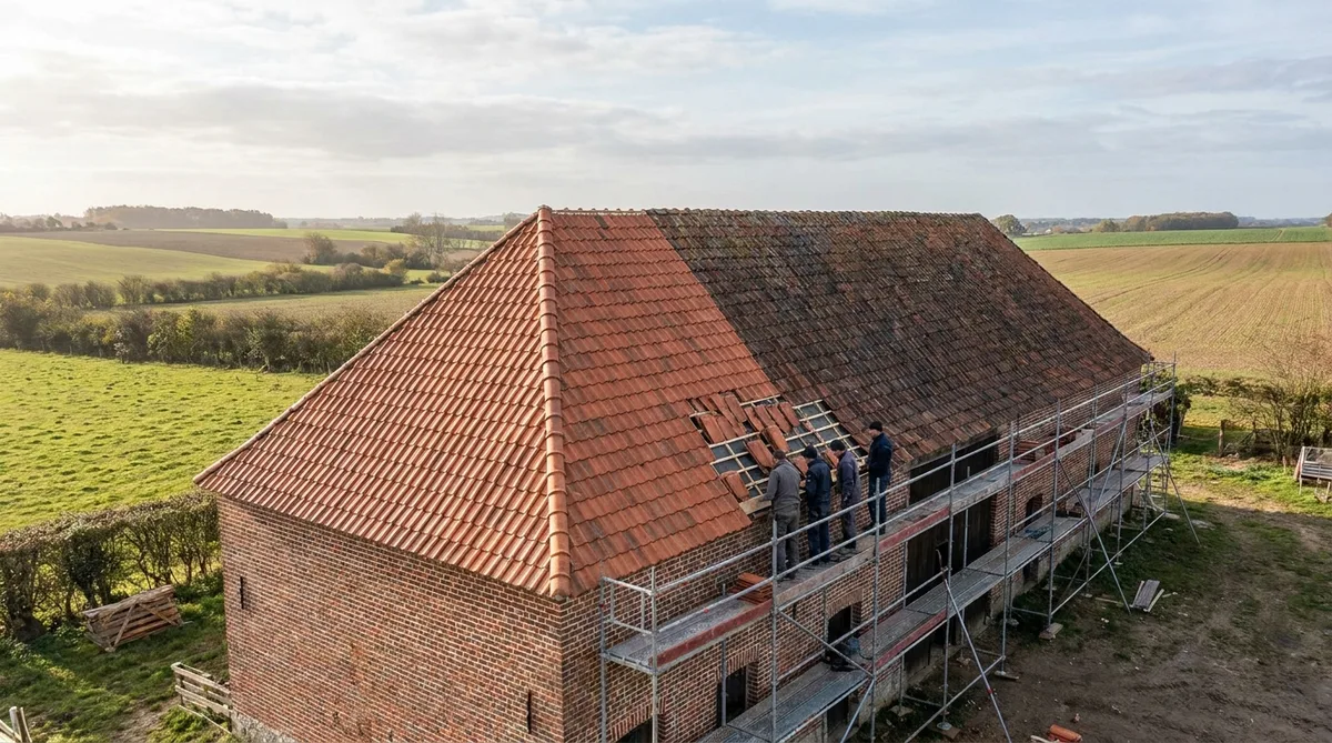 Renovation of a traditional Flemish roof with clay tiles in Hauts-de-France countryside