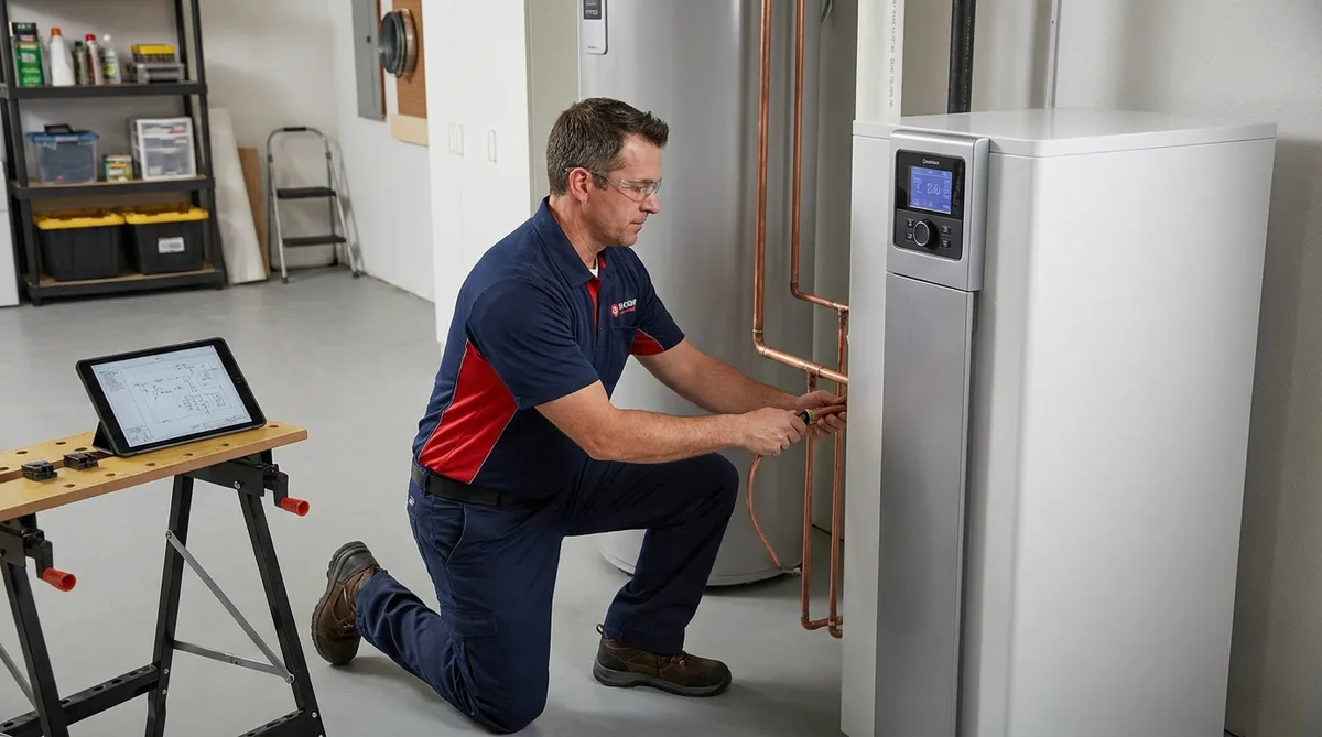 A professional heating engineer installing a modern hybrid heat pump unit in a residential basement