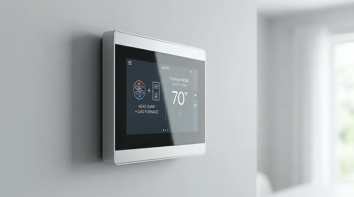 Close-up on the smart thermostat control panel of a hybrid heat pump system