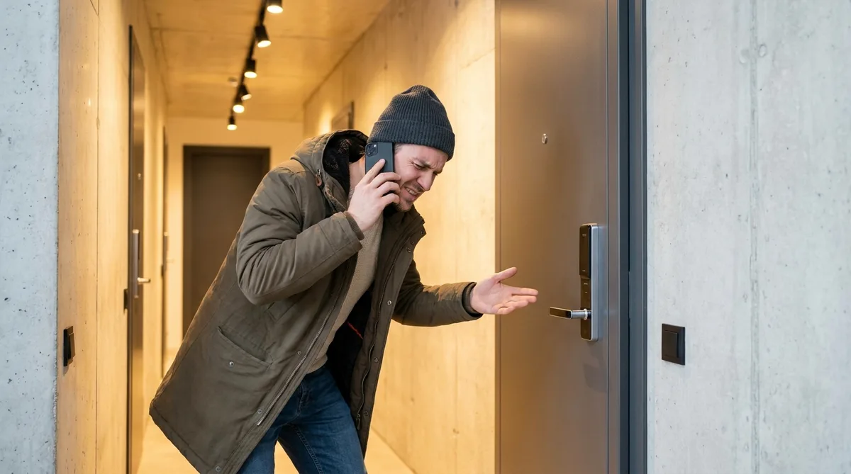 frustrated person locked out of apartment holding phone in hallway