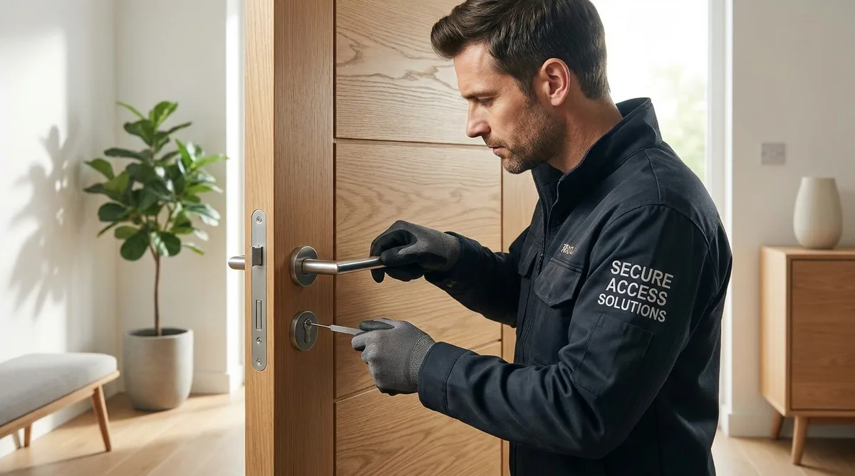 professional locksmith opening door using bypass tool without damaging lock