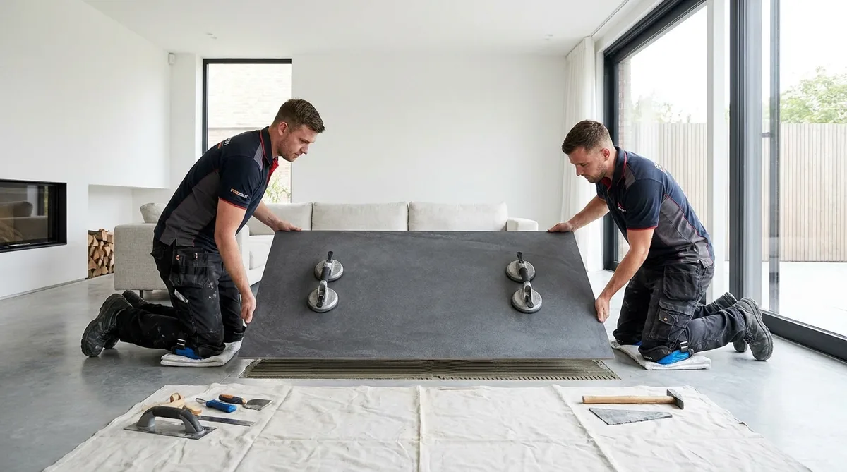 Ouvriers spécialisés posant une très grande dalle de carrelage gris dans un salon moderne