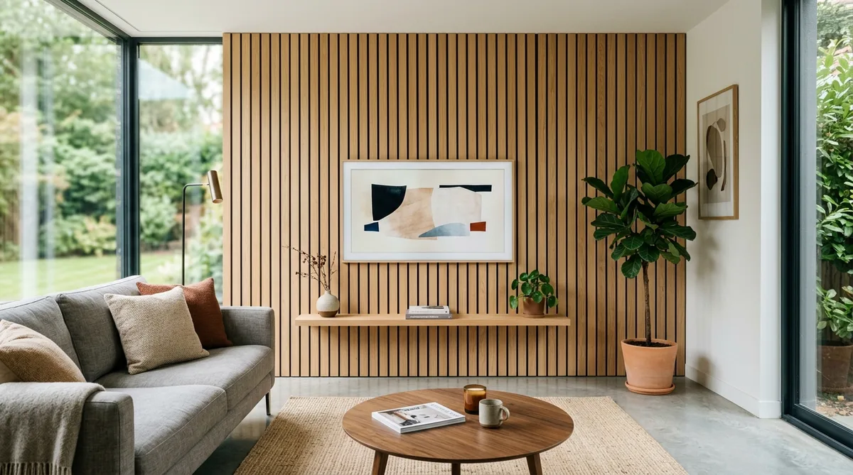 mur de salon moderne avec des panneaux acoustiques en bois clair