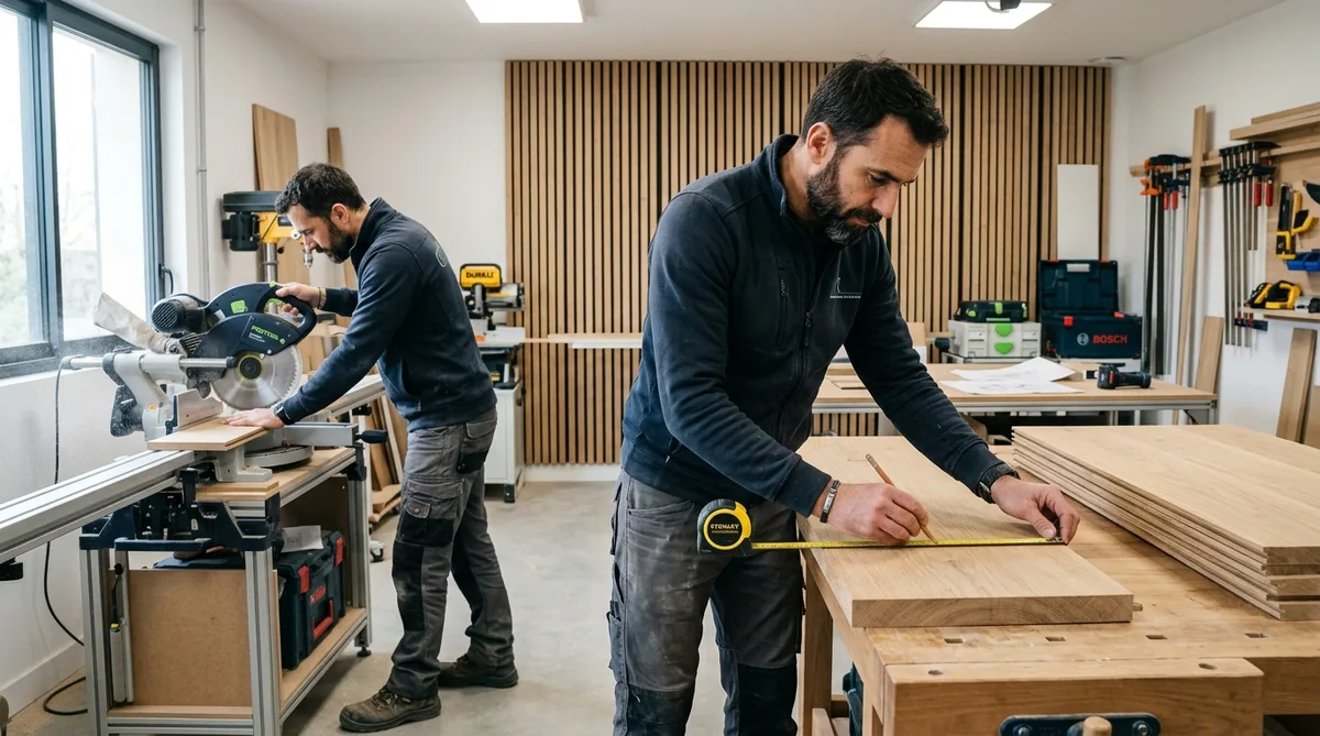 menuisier professionnel mesurant et coupant des panneaux de bois pour une installation murale
