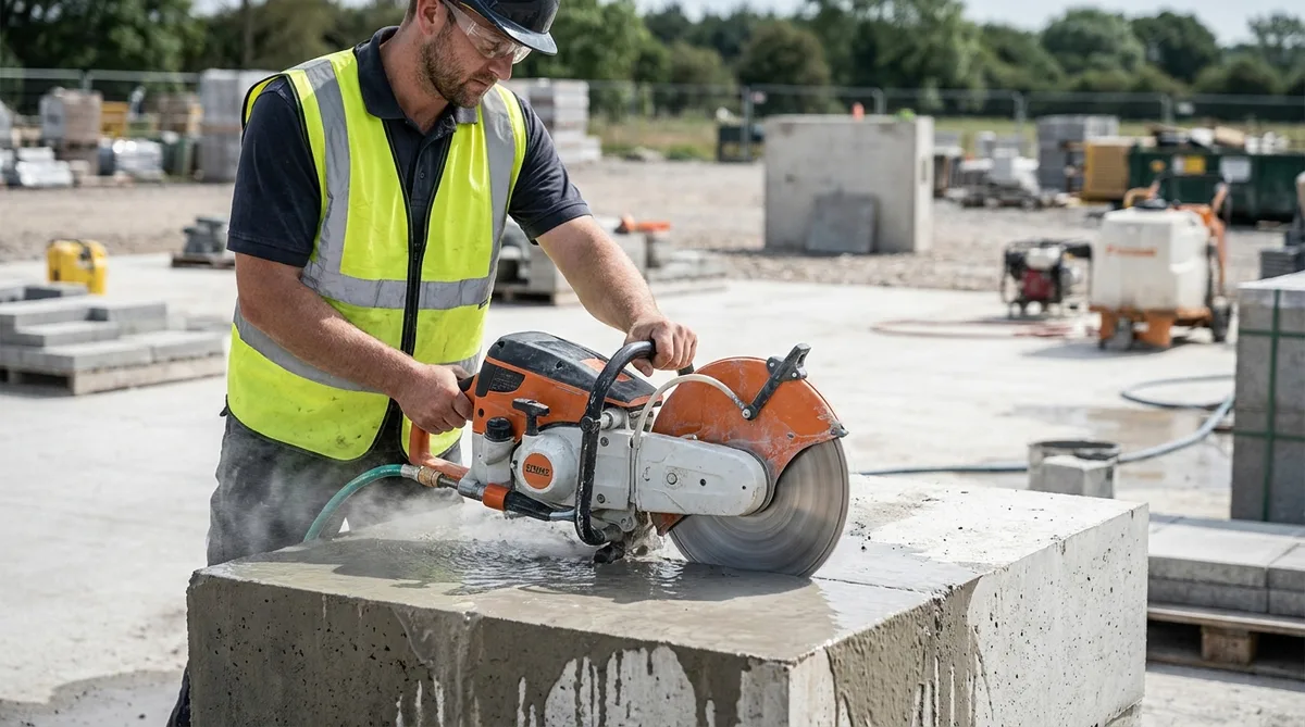 mason using a circular saw with water dust suppression on a concrete block