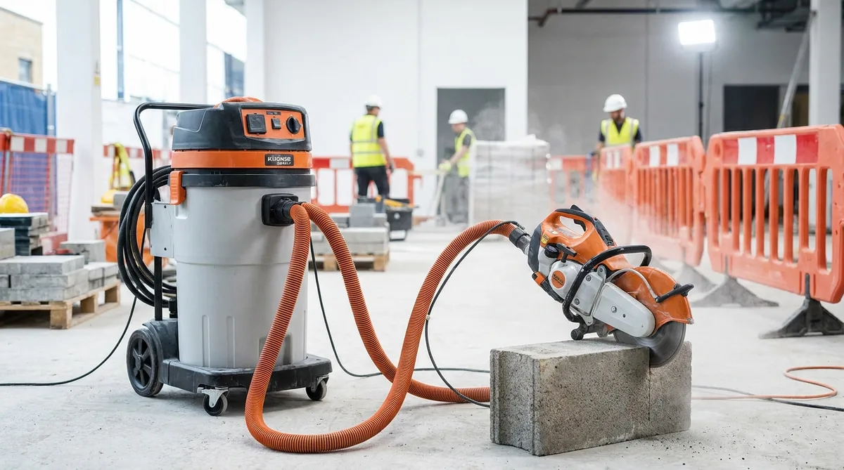 construction site dust extraction vacuum system attached to masonry tools