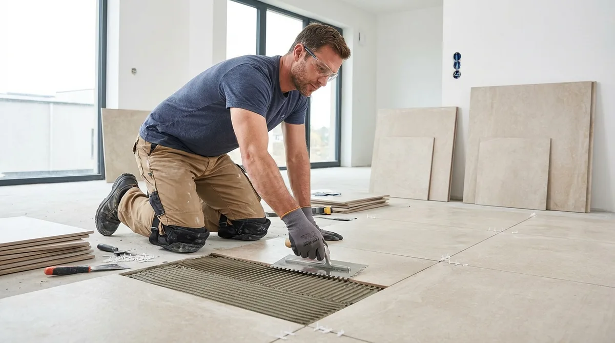 A tiler wearing ergonomic knee pads and safety gear while laying large floor tiles