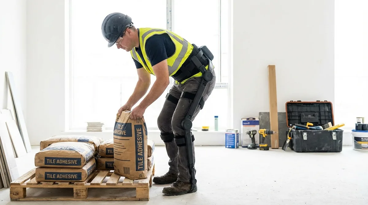 Construction worker using a lightweight passive exoskeleton while lifting a heavy bag of tile adhesive