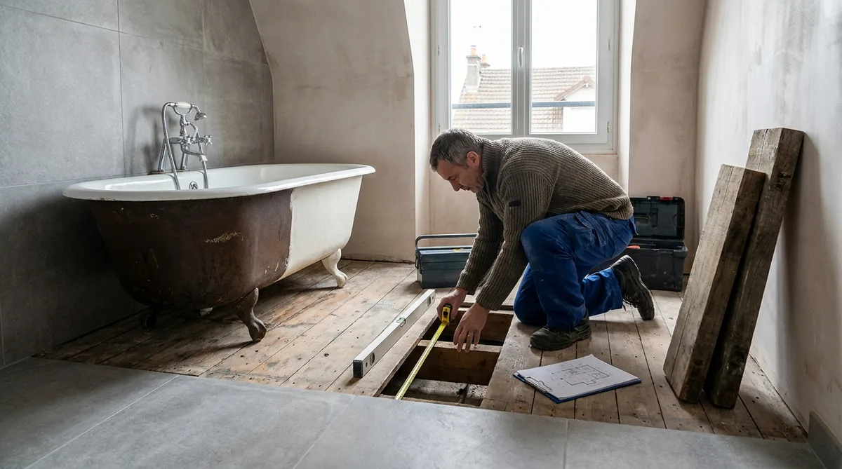Baignoire ancienne en fonte sur pieds dans une salle de bain moderne rénovée