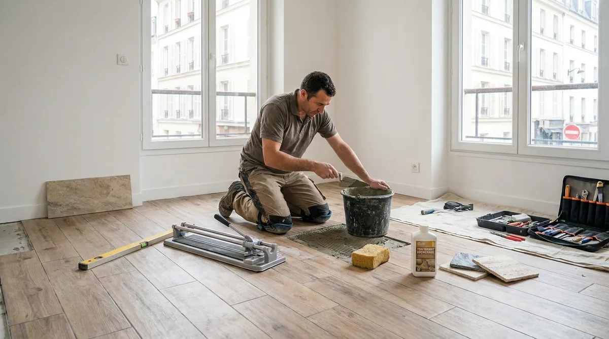 salon moderne avec un sol en carrelage imitation parquet bois