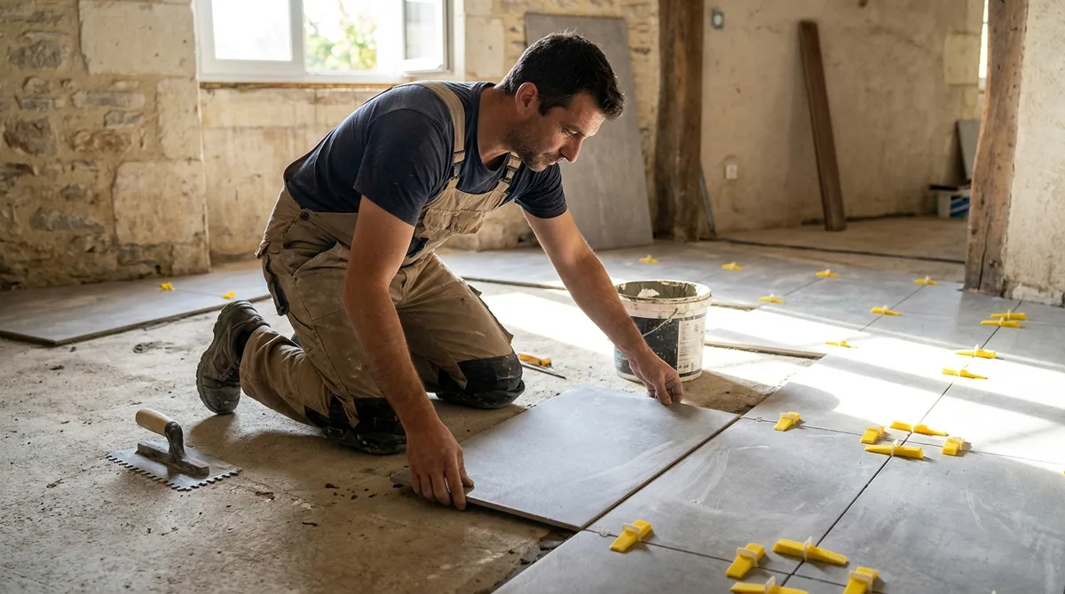 artisan carreleur professionnel posant un carrelage grand format avec des croisillons autonivelants