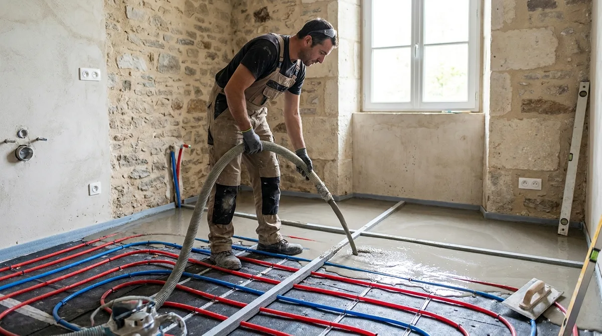 Worker pouring liquid screed over underfloor heating pipes