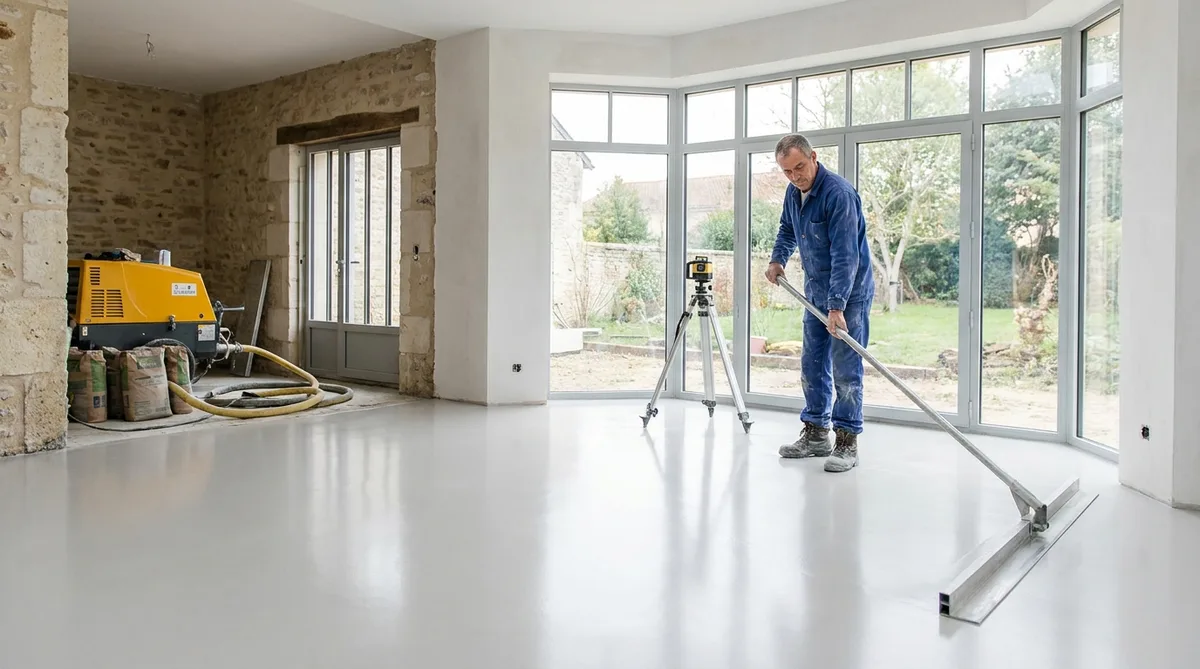 Smooth and perfectly flat finished liquid screed floor in a modern house
