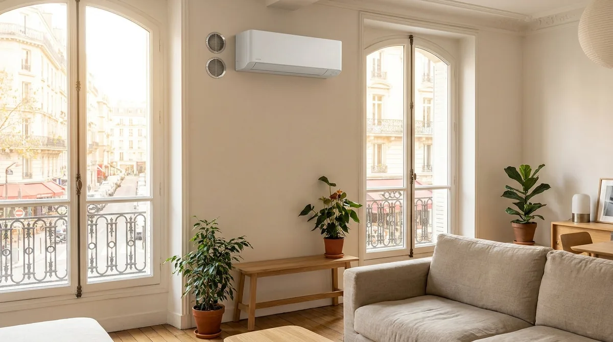 Modern fixed monobloc air conditioner installed on a white living room wall