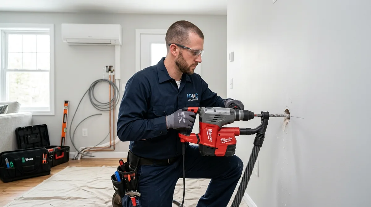 HVAC technician drilling a hole in a wall for air conditioning installation