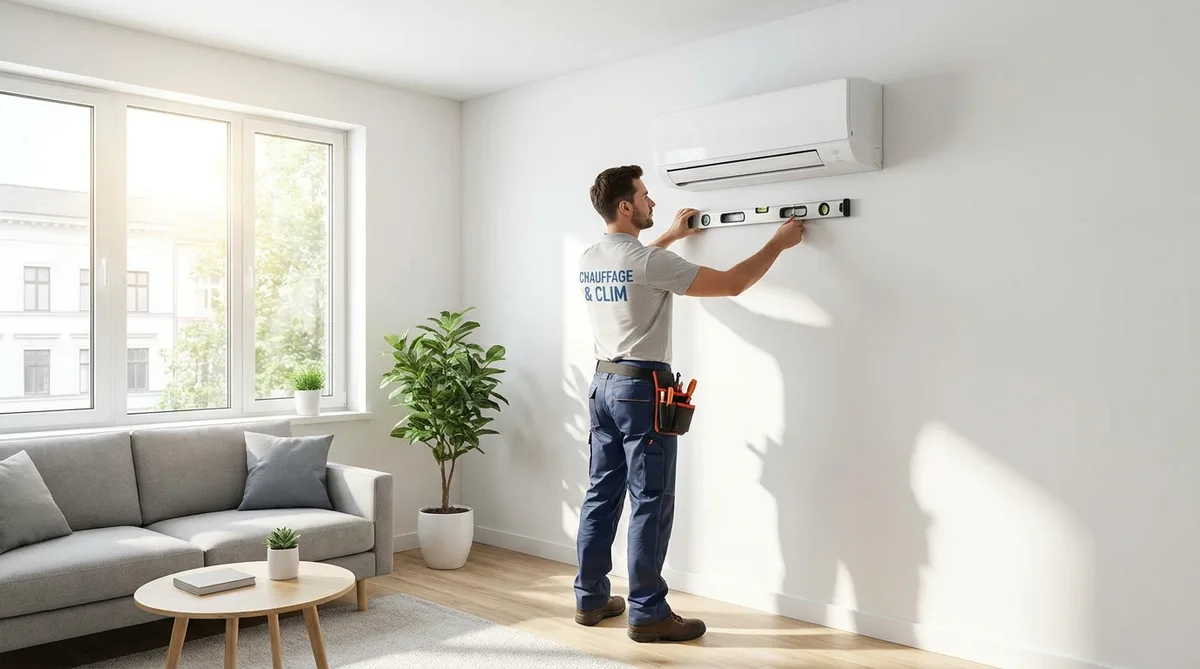 technicien chauffagiste installant une climatisation murale blanche