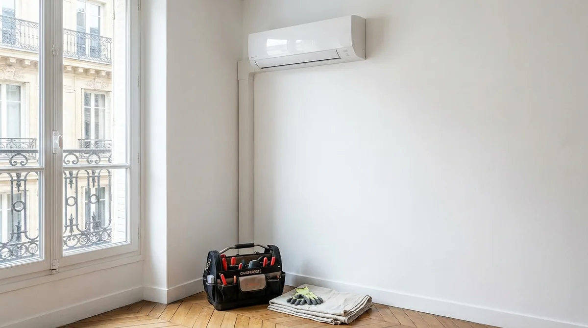 Modern reversible air conditioning split unit installed on a white living room wall