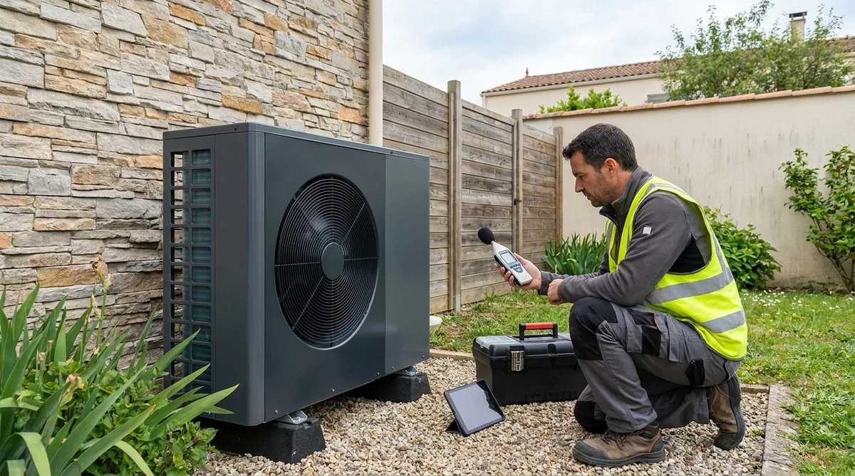 Outdoor unit of a heat pump installed next to a house wall
