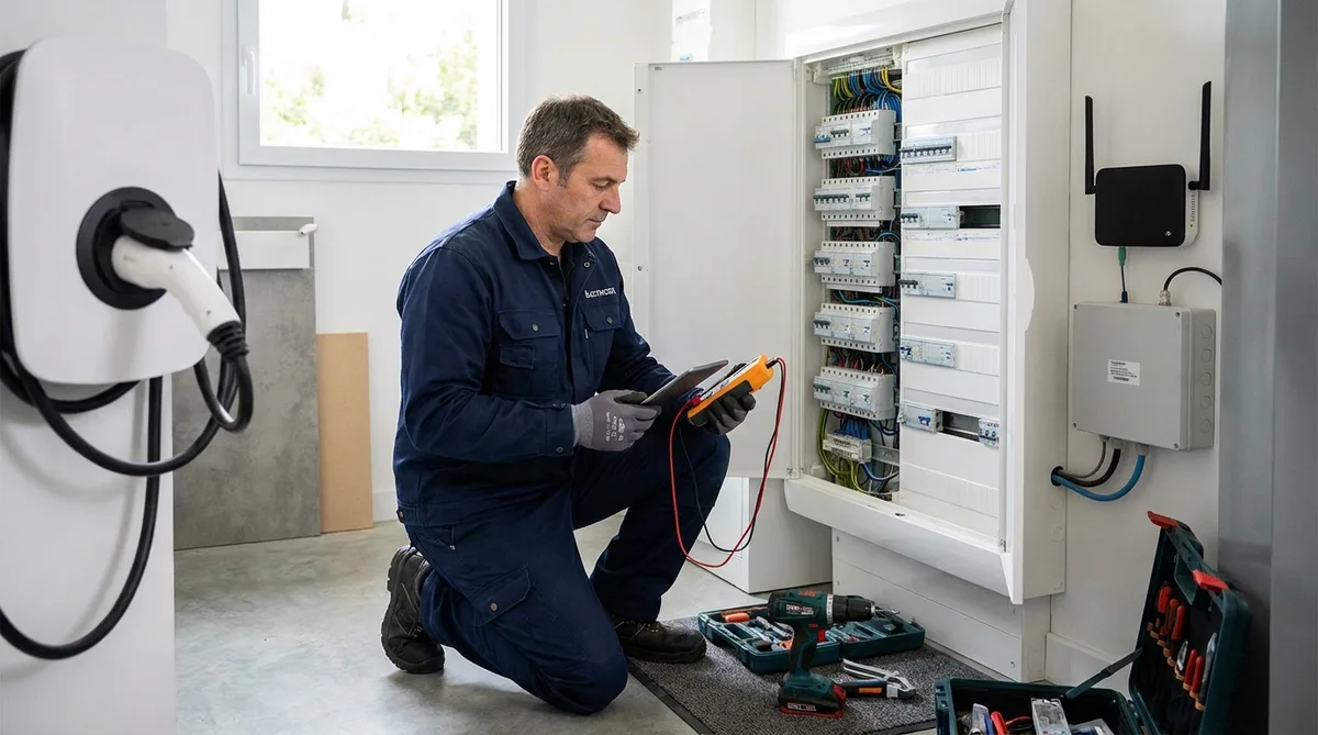 electrician working on a modern electrical panel in a residential home