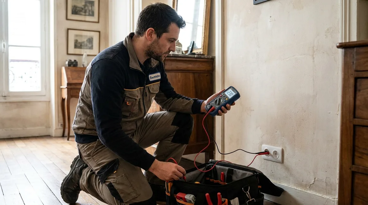 electrician measuring voltage with a multimeter on a wall socket