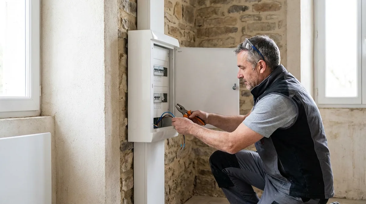 Électricien professionnel installant un nouveau tableau électrique moderne dans une maison ancienne