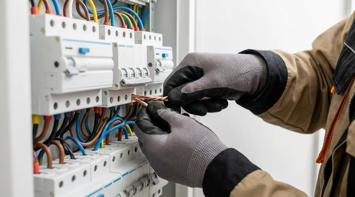 Gros plan sur les mains d'un électricien raccordant des fils dans un tableau électrique avec des disjoncteurs modernes