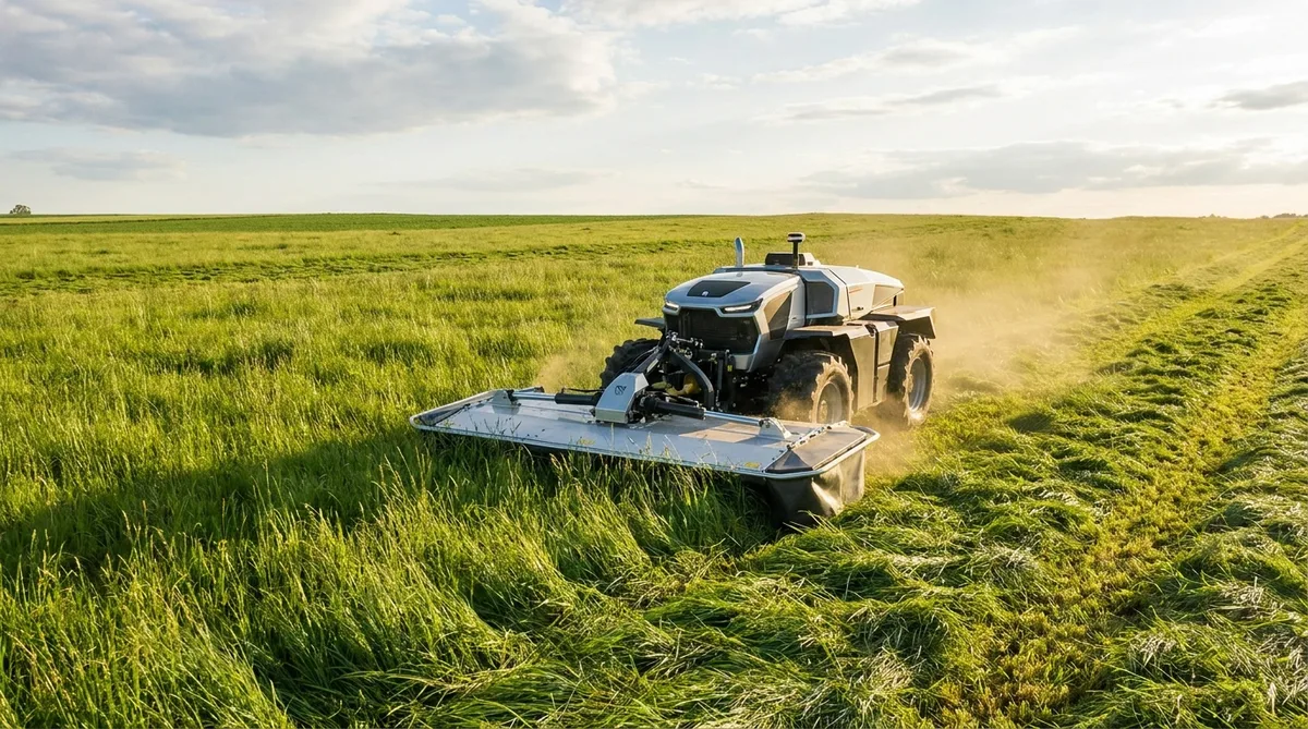 Cellule porte-outils avec barre de coupe fauchant des herbes hautes dans une grande prairie verte