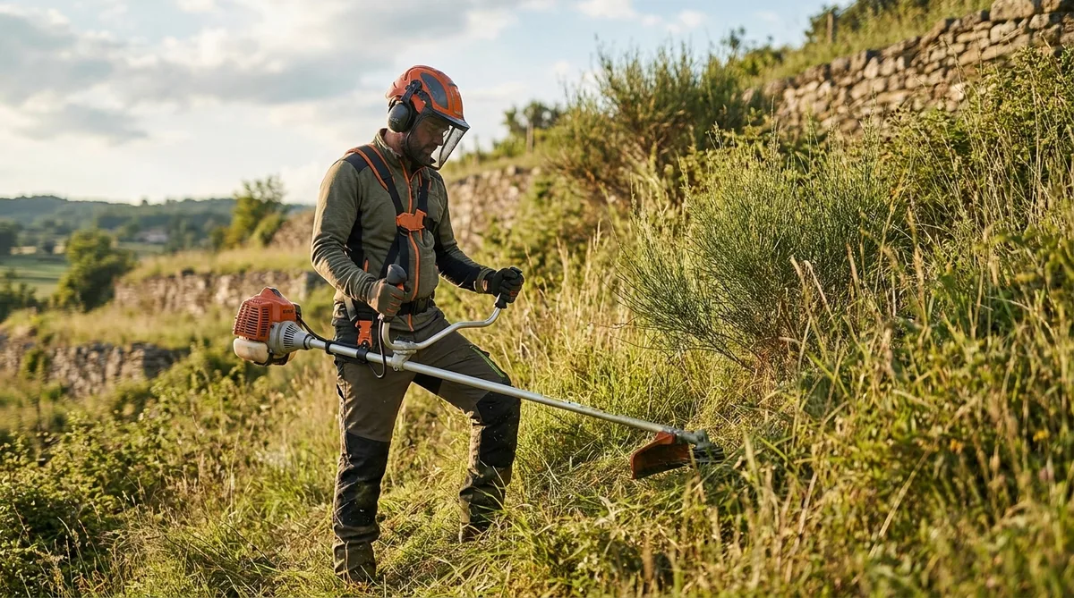 Artisan paysagiste utilisant une débroussailleuse sur un terrain en pente avec des herbes hautes