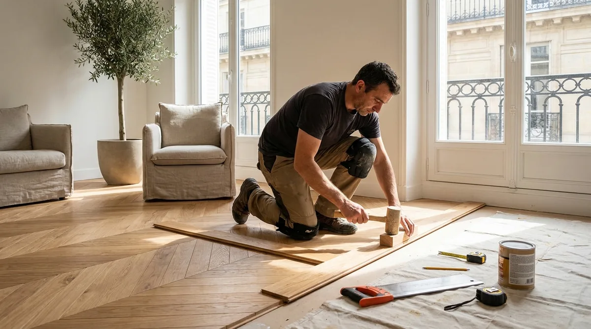 Salon moderne lumineux avec un parquet en chêne massif posé à bâtons rompus