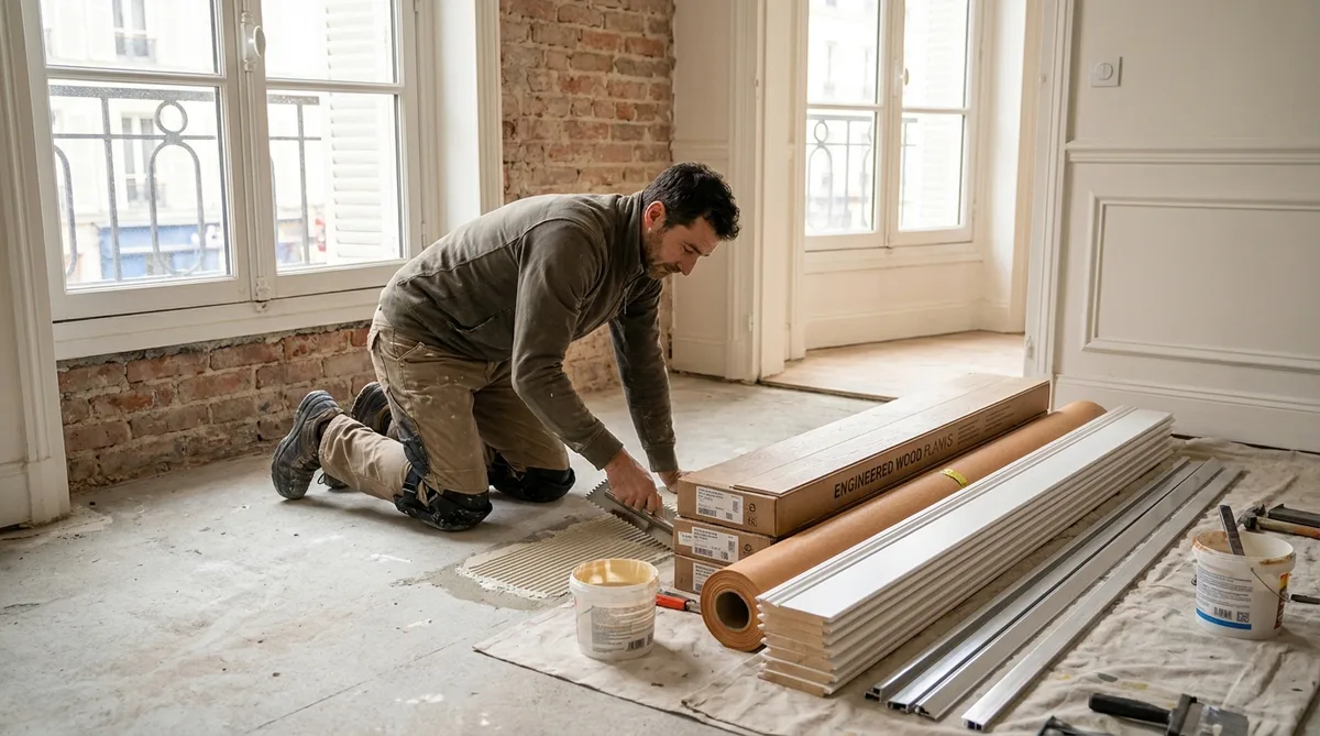 Menuisier professionnel en train d'encoller le sol pour la pose d'un parquet contrecollé