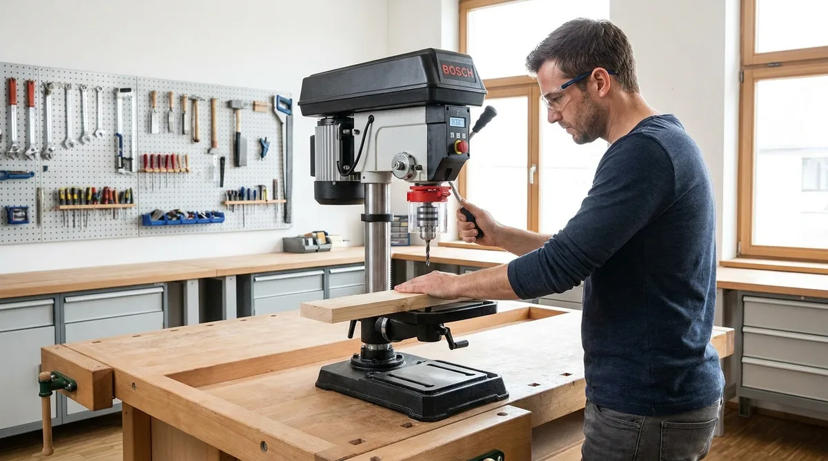 professional drill press in a woodworking workshop