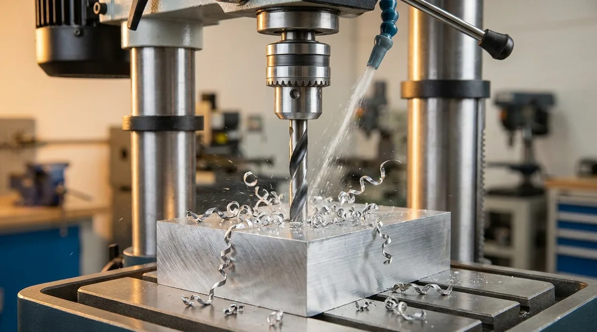 close up of a drill press drilling into metal