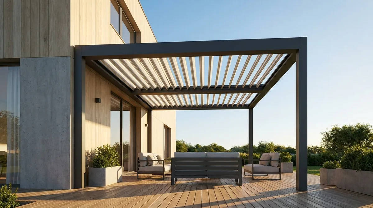 Pergola bioclimatique 4x3 adossée à une maison contemporaine avec lames orientables ouvertes au soleil
