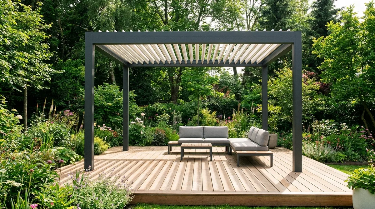 Pergola bioclimatique autoportée en aluminium gris anthracite sur une terrasse en bois dans un jardin verdoyant