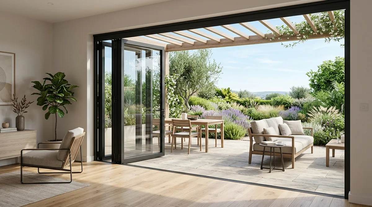 modern accordion glass door opening to a patio